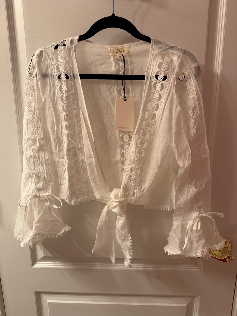 Elan White Tie-Front Lace-Trim Blouse